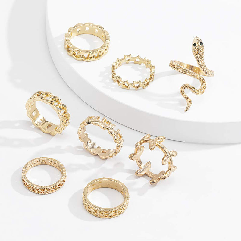 fxmimior Boho Dainty Gold Ring Set Finger Leaf Rings Sets Vintage Snake Knuckle Rings for Women and Girls 8 pcs - BeesActive Australia