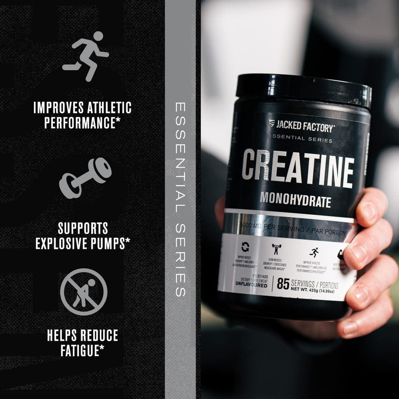Jacked Factory Creatine Monohydrate Powder 425g - Creatine Supplement for Muscle Growth, Increased Strength, Enhanced Energy Output and Improved Athletic Performance 85 Servings, Unflavored Powder - 85 Servings - BeesActive Australia