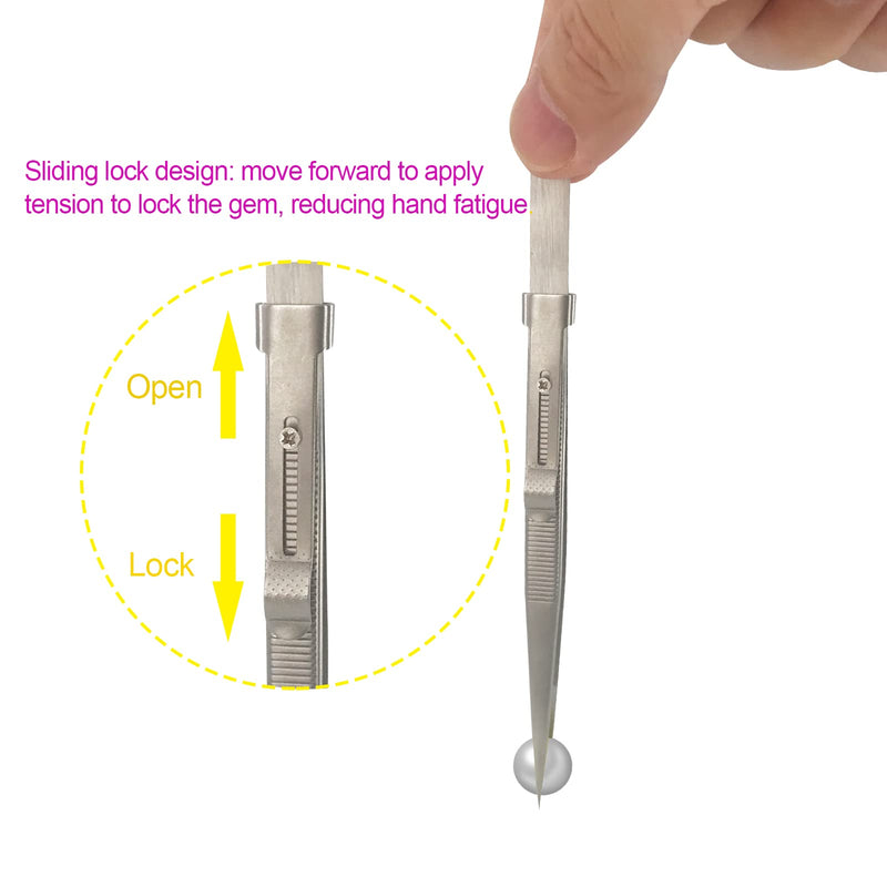 2 Pack Professional Diamond Tweezers Jewelry Gem Stone Tweezers Precision Tweezers Stainless Steel Slide Locking Non-slip Pointed Tip Tweezers with Slot for Jewelry Makeing Craft - BeesActive Australia