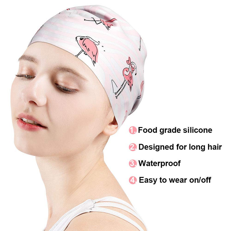 COPOZZ Swim Cap for Ladies, Upgraded Silicone Swimming Caps for Women Waterproof Soft Silicone Swimming Caps Cover Ears for Any Water Sports Pink Flamingo - BeesActive Australia