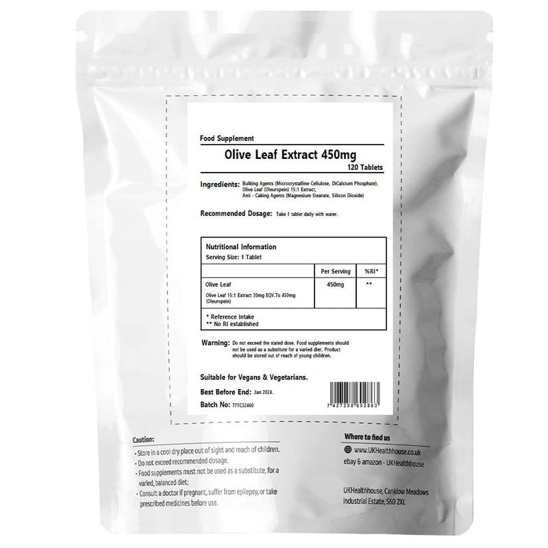 Olive Leaf Extract 450mg x 120 Tablets (30mg Oleuropein) - Botanical Vegan Supplement Super Strength Immune & Antioxidant Support - BeesActive Australia