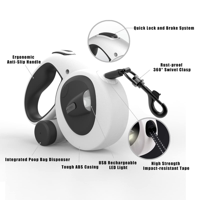 HCY&WLD Upgrade 4-in-1 Retractable Dog Leash with Light and Dispenser and Poop Bags, 16ft Heavy Duty Dog Leash with Anti-Slip Handle for Dogs, 360° Tangle-Free, One Button Brake & Lock Medium - BeesActive Australia