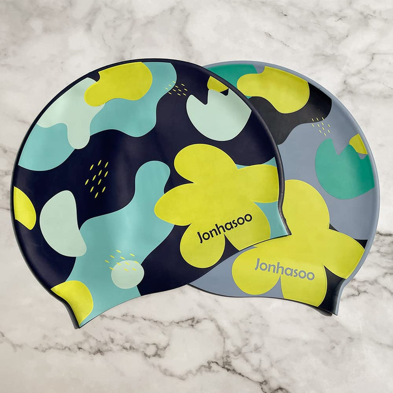 Jonhasoo Swim Cap Women, Silicone Swimming Cap for Long Hair with Flower Printed Navy - BeesActive Australia