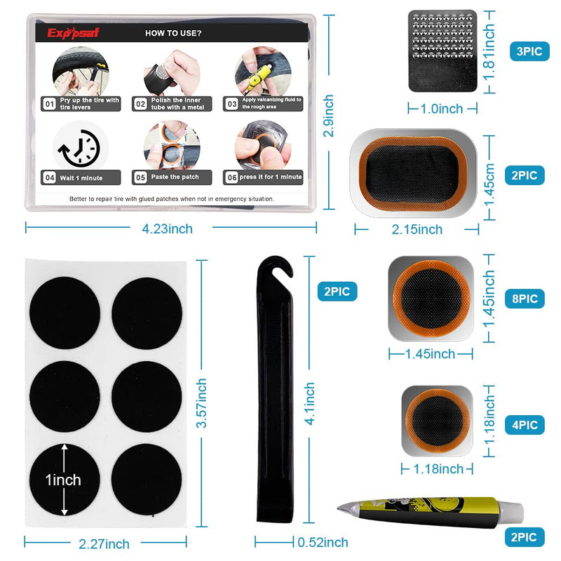 Exppsaf Bike Inner Tire Patch Repair Kit - with 14 PCS Vulcanizing Patches, 6 PCS Pre Glued Patchs, Portable Storage Box, Metal Rasp and Lever - Also for MTB BMX Road Mountain Bicycle Travel - BeesActive Australia