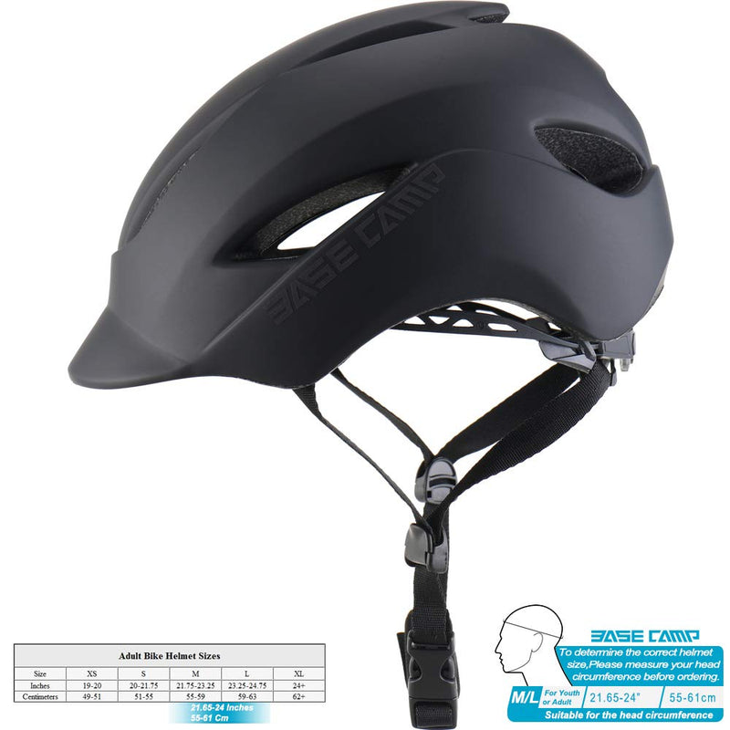 BASE CAMP Adult Bike Helmet with Rear Light for Urban Commuter Adjustable M Size Matte Black - BeesActive Australia