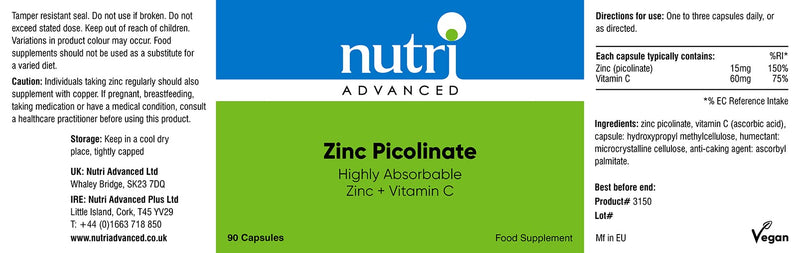 Nutri Advanced - Zinc Picolinate 15mg Vitamin C 60mg - Immune Support Supplement - Skin Hair Nail Vitamin Support - 90 Capsules - BeesActive Australia