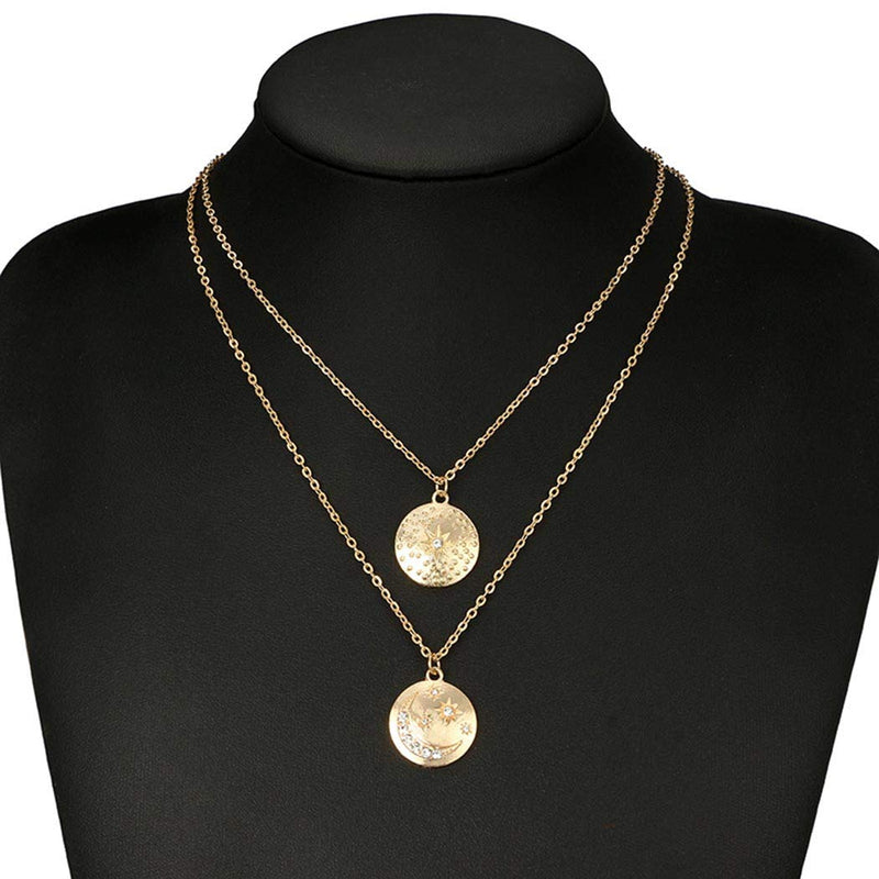 Sakytal Boho Coin Layered Necklace Gold Moon Pendant Necklaces Tiny Crystal Necklace for Women and Girls - BeesActive Australia