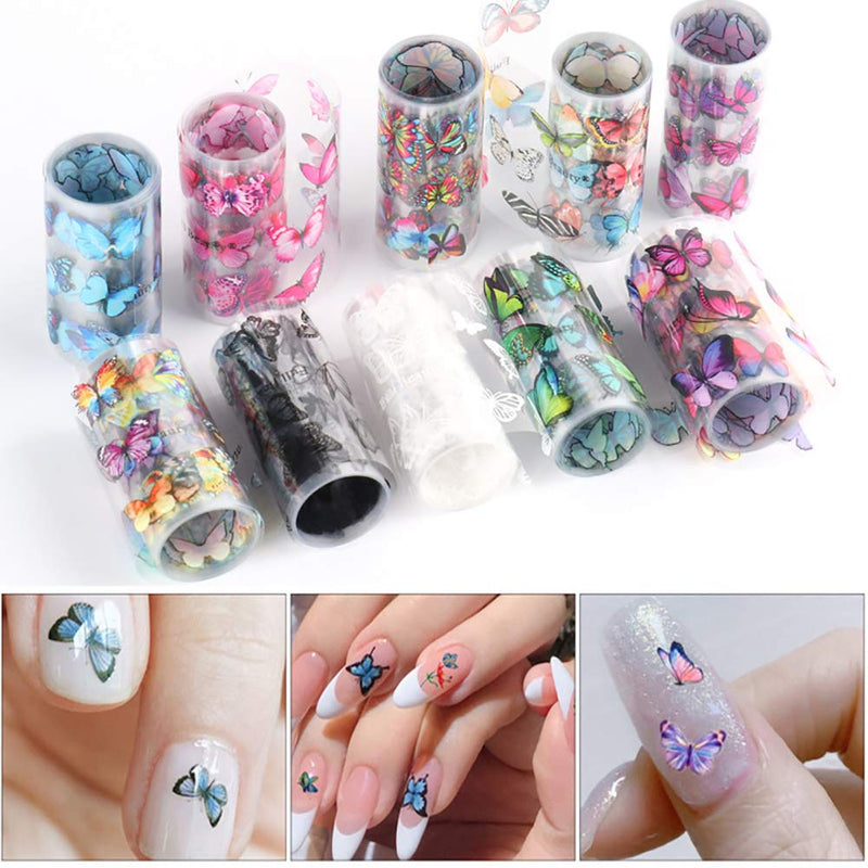 Butterfly Nail Art Foil Transfer Stickers 10 Rolls Butterfly Nail Art Decals Nail Decorations Supplies for Women Poly Nail Gel DIY Design Nail Transfer Tips Manicure Art Kit - BeesActive Australia