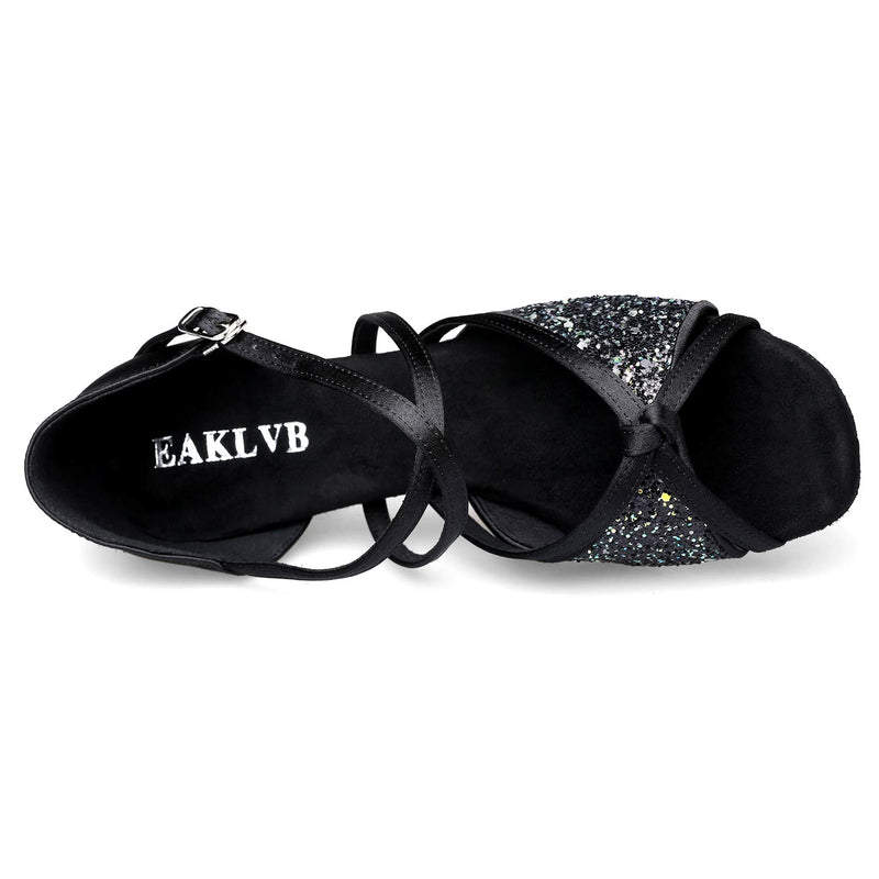 [AUSTRALIA] - EAKLVB Rhinestone Ballroom Dance Shoes Women, Latin Salsa Bachata Practice Performance Dance Shoes 9.5 Glow Black-2.36 Inch Heels 