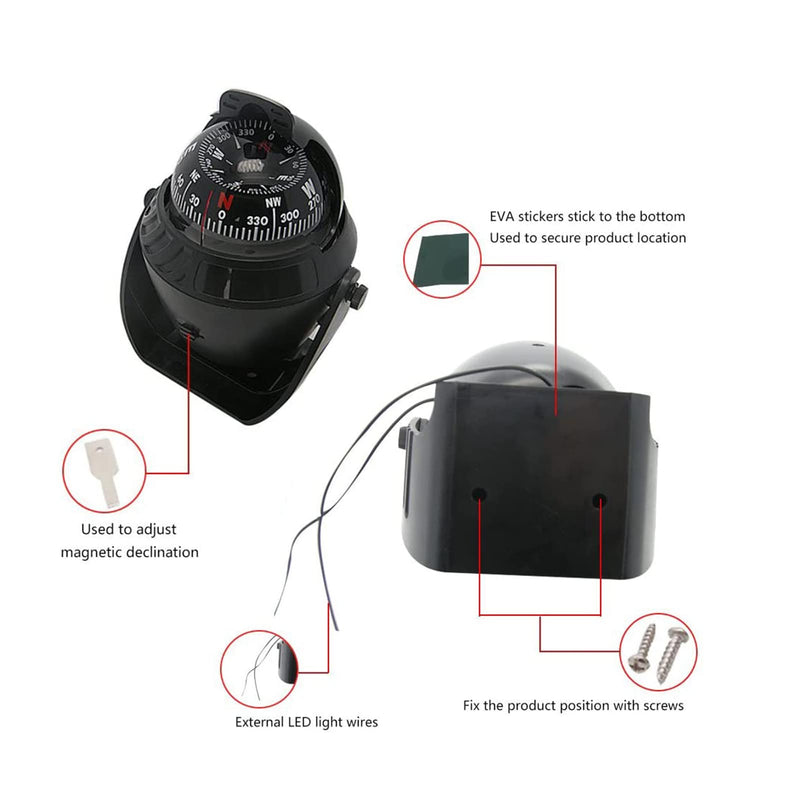 Compass Boating Navigation Marine Compass, Electronic LED Light Pivoting Compass, Multifunction Digital Navigation Compass with Night Lighting for Marine Boat Truck Car, Black - BeesActive Australia