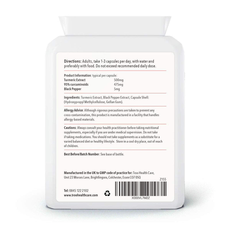 Turmeric Supplement (500 mg) - 60 Capsules with Black Pepper Extract Piperine | Provides 95% Standardisation of Curcumin | UK Manufactured - BeesActive Australia