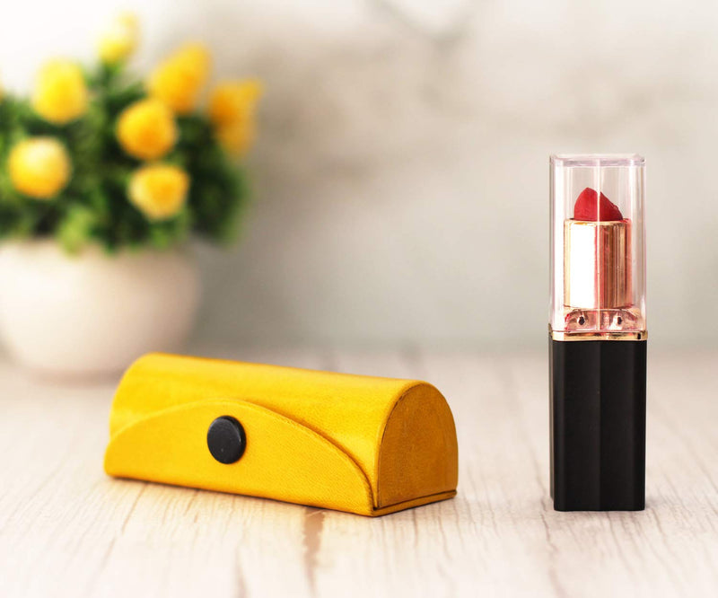 Yellow Leather Lipstick Case Holder - Organizer Bag for Purse- lipstick holder- Durable Soft Leather -Cosmetic Storage Kit With Mirror - BeesActive Australia