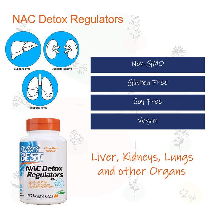 Doctor's Best NAC Detox Regulators with Seleno Excell, Non-GMO, Vegetarian, Gluten Free, Soy Free, 60 Veggie Caps Unflavored 60 Count (Pack of 1) - BeesActive Australia