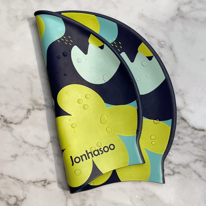 Jonhasoo Swim Cap Women, Silicone Swimming Cap for Long Hair with Flower Printed Navy - BeesActive Australia