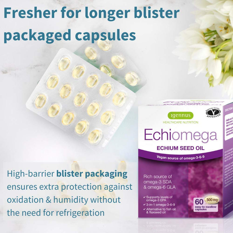 Echiomega Vegan Omega 3-6-9, Plant Based Echium Seed Oil, Ideal 2:1 ratio Omega-3 to Omega-6 GLA, Women’s Health, 60 Small Softgels, by Igennus - BeesActive Australia