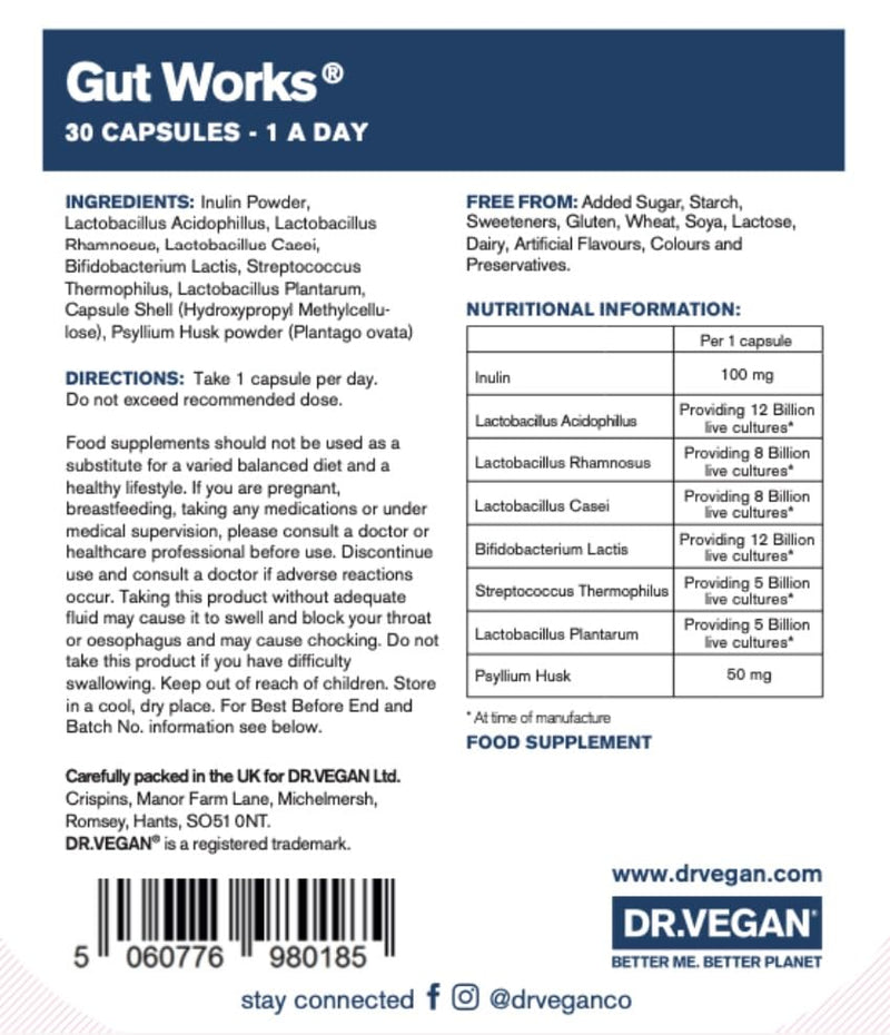 DR.VEGAN Gut Works� | 50bn Live Cultures | Pre & Probiotic | 30 Vegan Friendly Capsules | One-A-Day | 6 clinically studied strains - BeesActive Australia