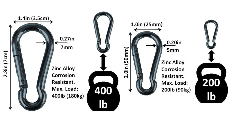 Branded Boards Black & Silver Heavy Duty Bushcraft Zinc-Galvanized Steel Carabiner Spring Snap Clip Link Hooks. 200-400lb Load. 6 Packs, 12 Packs and Variety Packs. Black-5cm & 7cm-12 Pack - BeesActive Australia