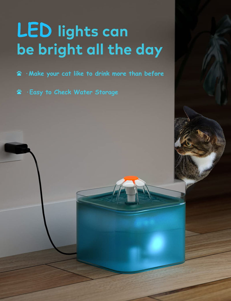 AONBOY Cat Water Fountain, Ultra Silent Cat Fountain 2L, with LED Light, Activated Carbon Filter, Pet Water Fountain for Cats and Small Dogs Cyan - BeesActive Australia