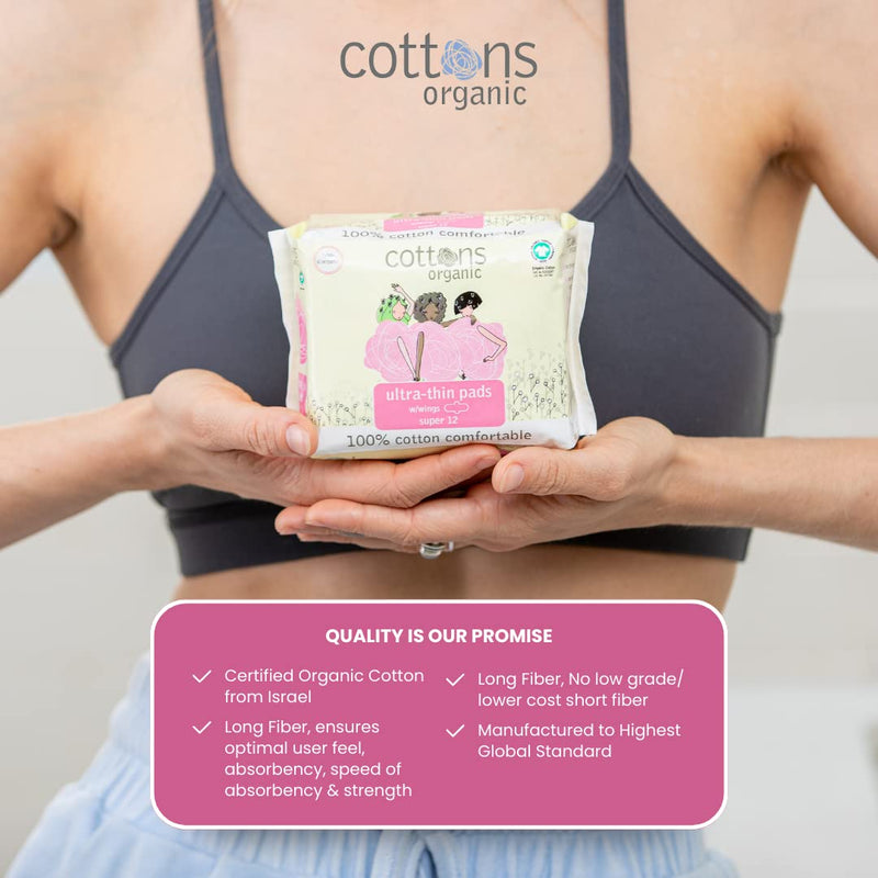 Cottons Ultra Thin Pads, Super, Pack of 12, 100% Organic Cotton, Hypoallergenic, Biodegradable Pack of 1 - BeesActive Australia