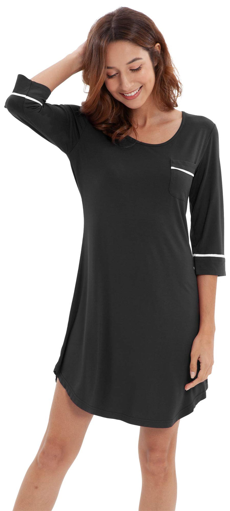 WiWi Women's Nightgowns Soft Bamboo Pajamas 3/4 Sleeves Sleep Shirt Lightweight Nightshirts Plus Size Sleepwear S-4X A-black Large - BeesActive Australia