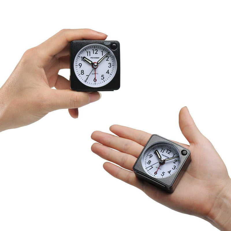 Peakeep Ultra Small, Battery Travel Alarm Clock with Snooze and Light, Silent with No Ticking Analog Quartz (Black) Black - BeesActive Australia