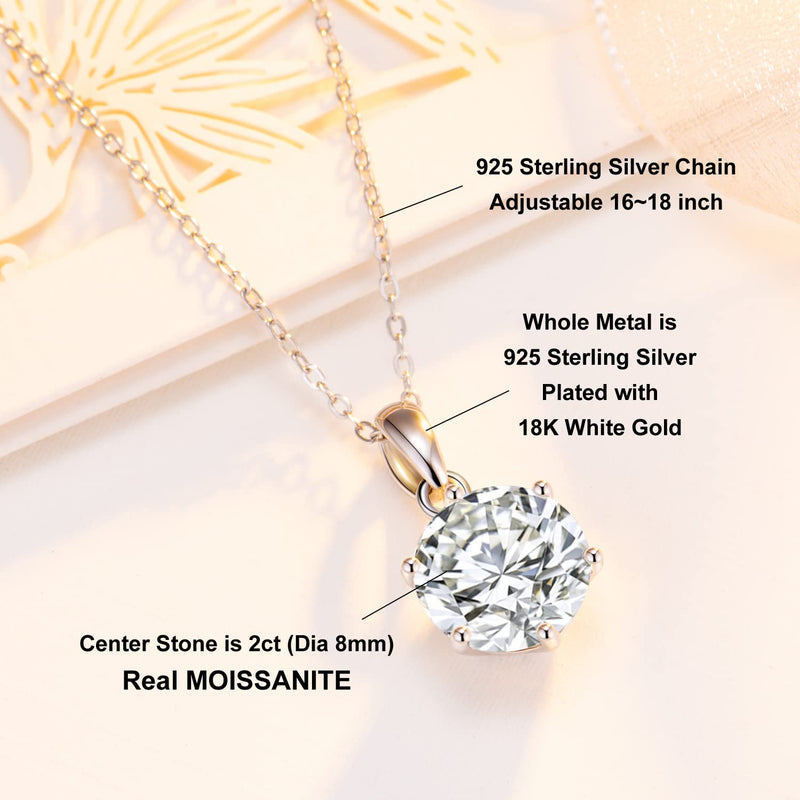SecreTalk 2CT Moissanite Pendant Necklace 18K White Gold Plated Silver D Color Ideal Cut Diamond Necklace for Women with Certificate of Authenticity Classic 6P - BeesActive Australia