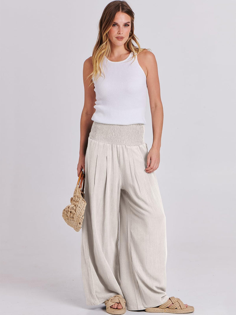 ANRABESS Women Linen Palazzo Pants Summer Boho Wide Leg High Waist Casual Lounge Pant Trousers with Pocket Large Apricot - BeesActive Australia