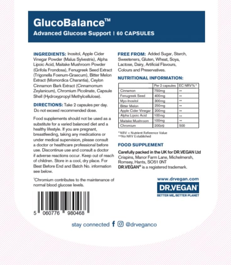 DR.VEGAN GlucoBalance | Plant-Based Supplement | Blood Sugar Control | 60 Capsules | 2-A-Day - 30 Day Supply | Chromium 200 µg | Apple Cider Vinegar 250g | Cinnamon 750g | Blood Glucose Metabolism - BeesActive Australia