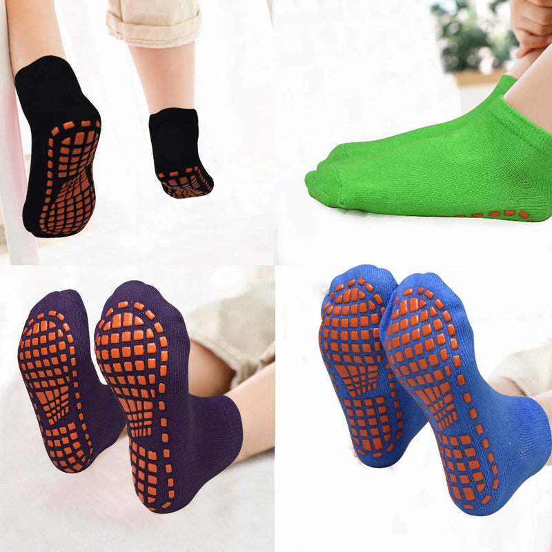 Kids Grips Ankle Socks Non Slip Trampoline Socks Anti-Skid Sticky Indoor Breathable Socks 4 Pairs for Children 2-9 Years 01 Black+dark Purple+blue+green 2-5T - BeesActive Australia
