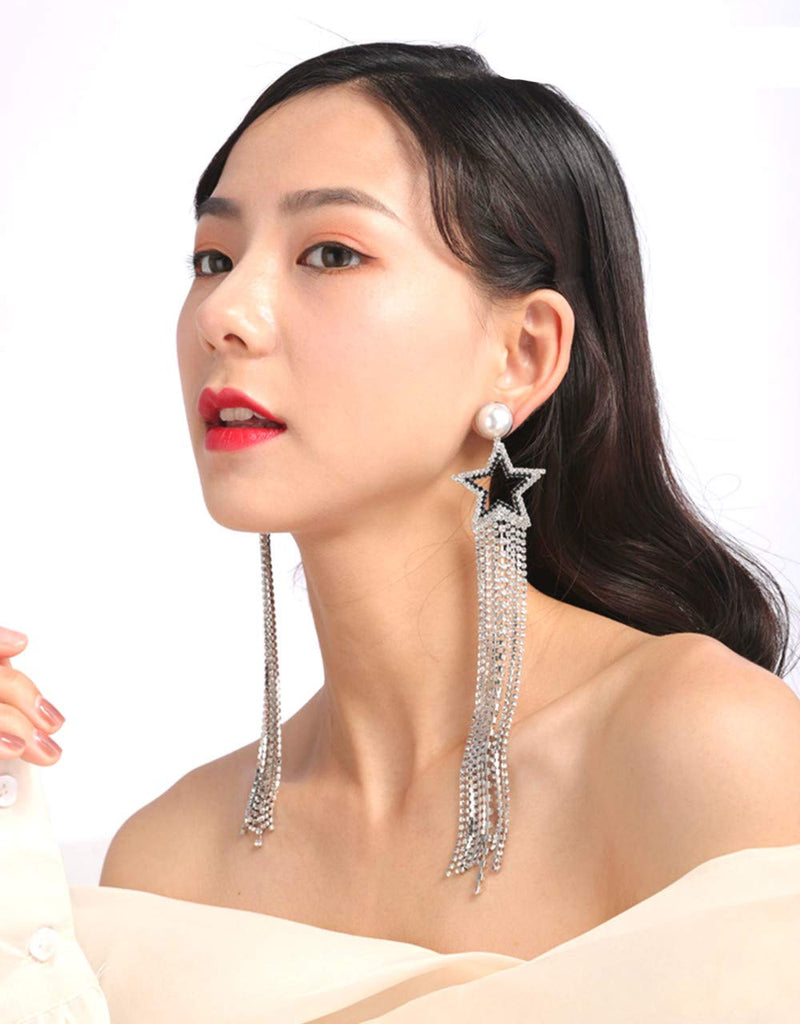 Sither Crystal Statement Dangle Earrings For Women Crystal Long Tassel Chandelier Star Dangle Drop Earrings Party Jewelry Earrings for Gift(Hypoallergenic Silver Pins) - BeesActive Australia