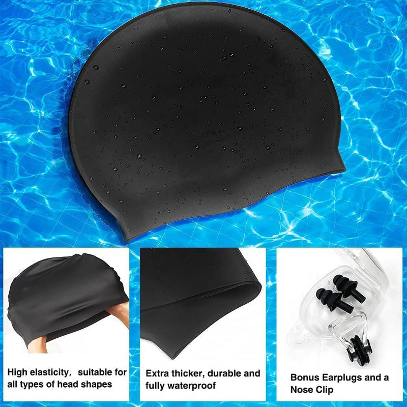 2 Pack Unisex Swim Caps Waterproof Silicone Swimming Caps Durable Elastic Non-Slip Bathing Swimming Pool Caps with Ear Plugs & Nose Clips for Women Men Adults Boys Girls Black&White - BeesActive Australia