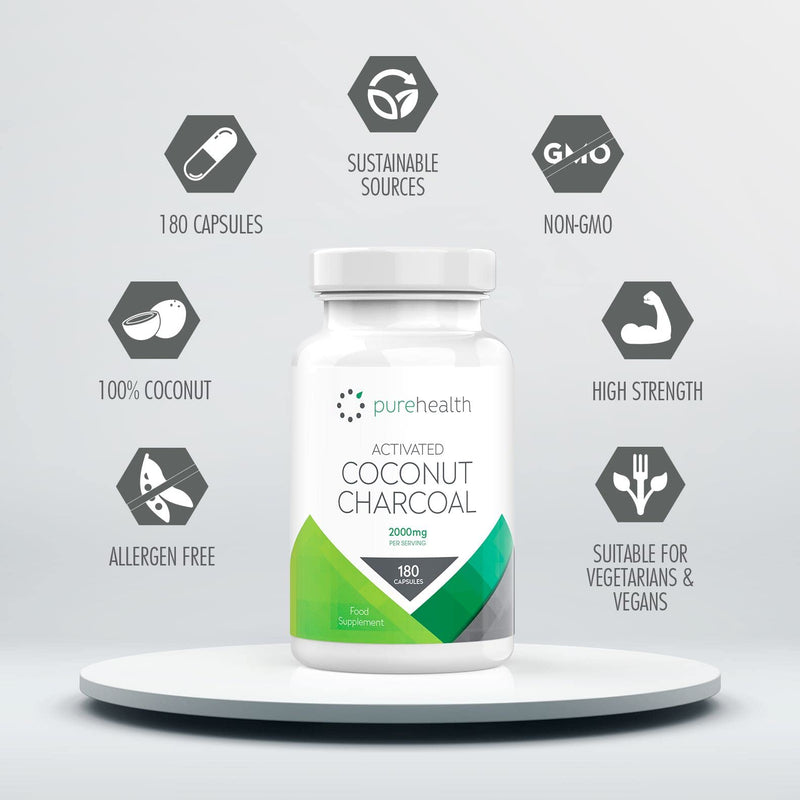 Activated Coconut Charcoal Capsules 2000mg Daily Serving | No Fillers/Bulking Agents | 180 Vegan Capsules | Non GMO Coconut for Bloating, Gas, Digestion, Flatulence | Natural Relief | Supplement - BeesActive Australia