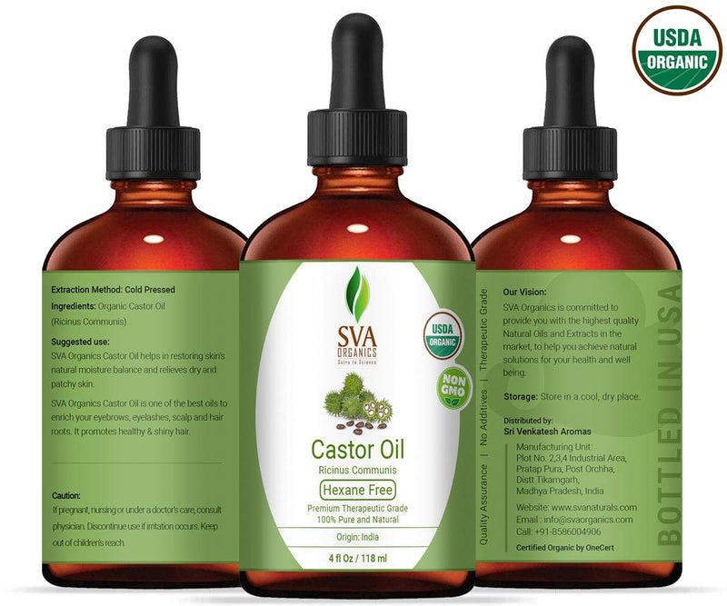 SVA ORGANICS 100% PURE CASTOR OIL WITH DROPPER 4 Oz (118 ML) THERAPEUTIC GRADE | COLD PRESSED, HEXANE FREE - HAIR GROWTH, EYELASHES, EYEBROWS, SKIN & BODY MASSAGE. - BeesActive Australia