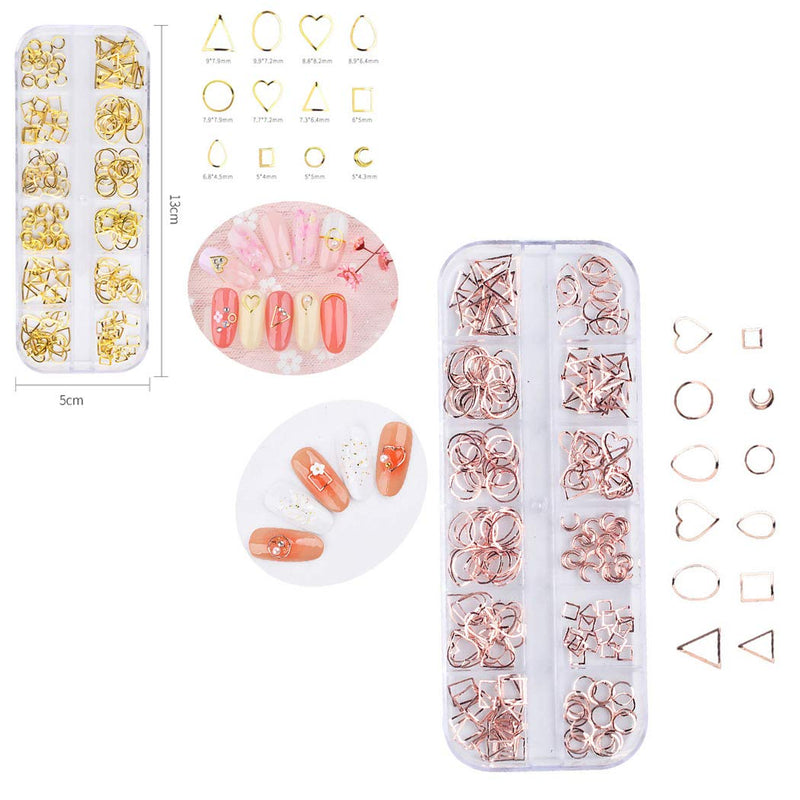 SIPLIV Metal Nail Art Rivet Hollow Out Heart-shaped Circle Rivet Nail Art DIY Decoration with Tweezer and Nail Star Moon Stickers(4 pcs), 4 Boxes, Rose Gold and Gold - BeesActive Australia