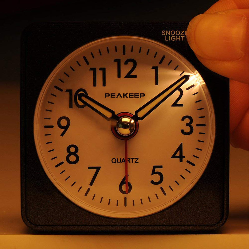 Peakeep Ultra Small, Battery Travel Alarm Clock with Snooze and Light, Silent with No Ticking Analog Quartz (Black) Black - BeesActive Australia