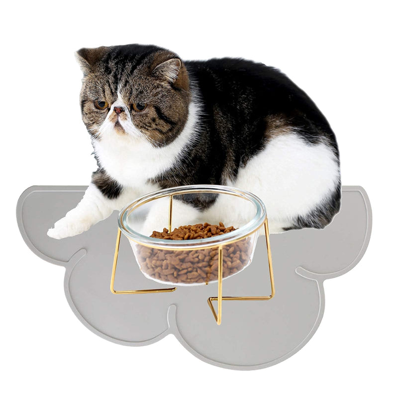 Glass Raised Cat Bowls or Small Dog Dishes with Gold Metal Stand,Anti Vomiting Tilted Transparent Pet Bowl, Elevated Food or Water Bowl Set with Grey Silicon Clouds Waterproof Mat 1 x 20oz bowl+1 mat - BeesActive Australia