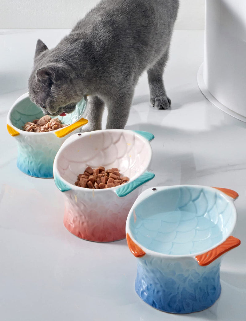 Raised Tilted Ceramic Cat Bowl - Cute Elevated Slanted Shallow Angled Cat Dish - Personalized Pet Feeder for Food Feeding - Ergonomic Anti Vomiting Whisker Fatigue - Size for Cat and Small Dog light green - BeesActive Australia