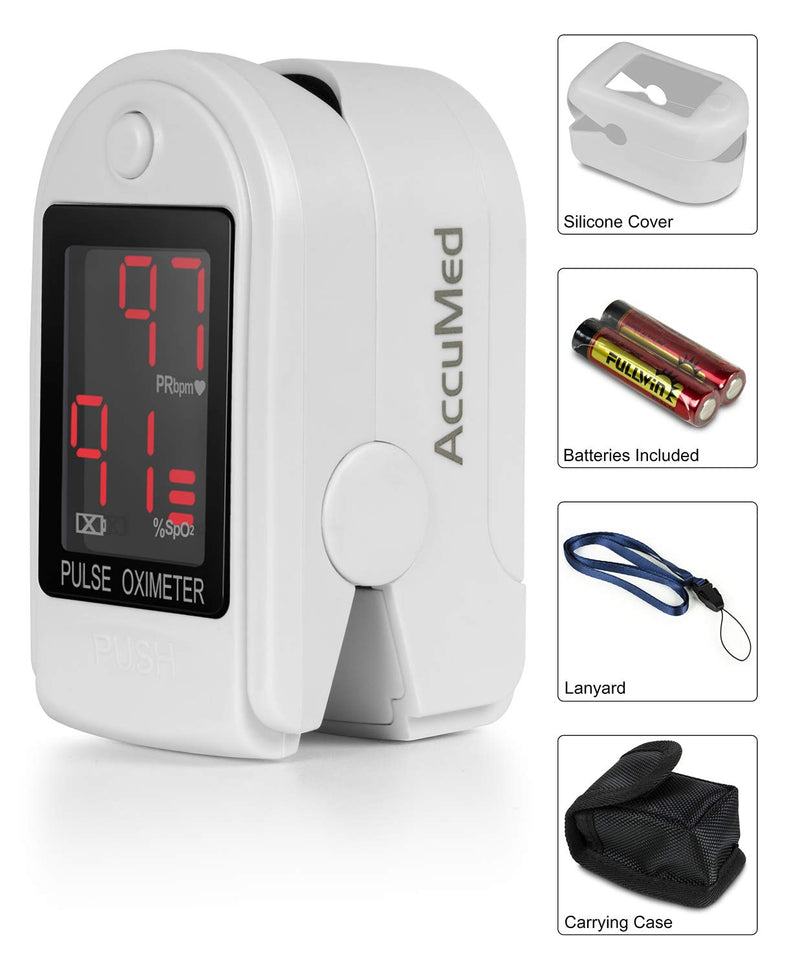 AccuMed® CMS-50DL Fingertip Pulse Oximeter Finger Pulse Blood Oxygen SpO2 Monitor w/Carrying case, Landyard Silicon Case & Battery (White) - BeesActive Australia