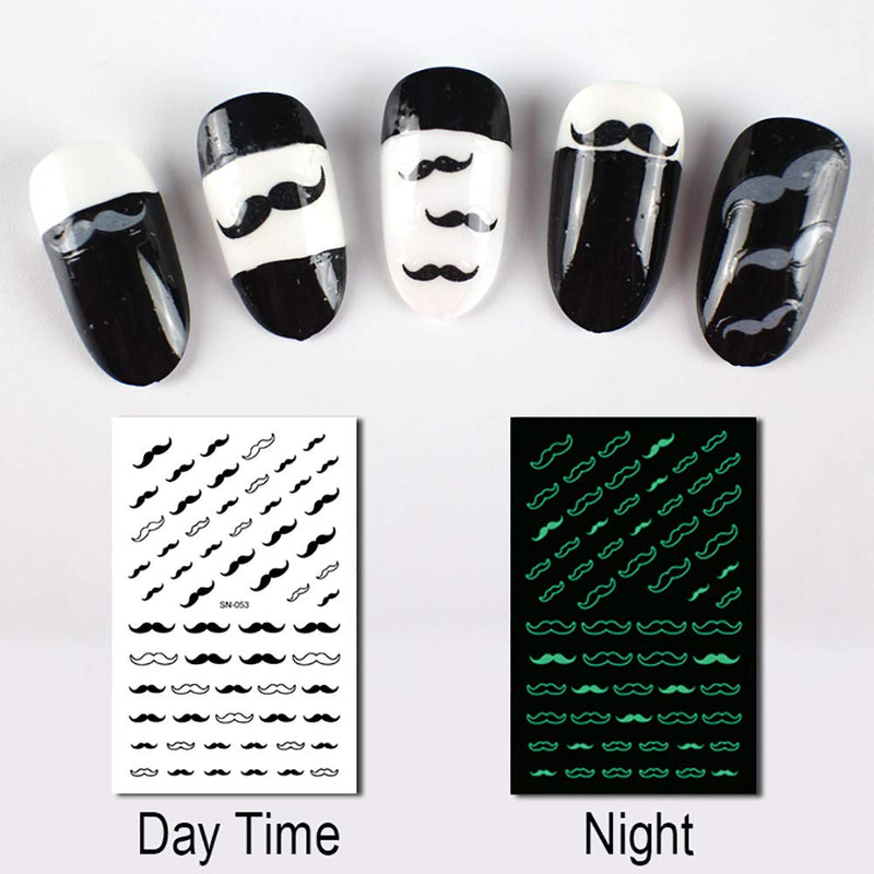 WOKOTO 6 Sheets Luminous Nail Art Stickers Tips Fluorescent Self-Adhesive Decals Smiling Face Moustache Cat Manicure Sticker Nails Kit (Glow In The Dark) - BeesActive Australia