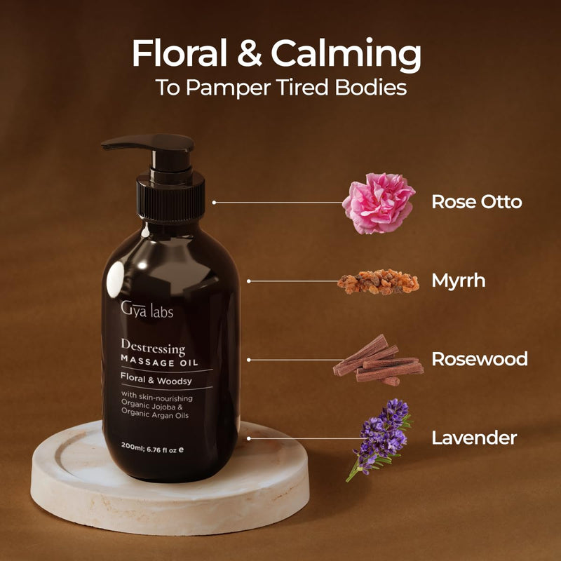 Gya Labs Destressing Massage Oil - Oils for Massage & Skin - Crafted with Lavender, Rose Otto, Rosewood, Myrrh, Jojoba & Argan Oils - (200 ml) - BeesActive Australia