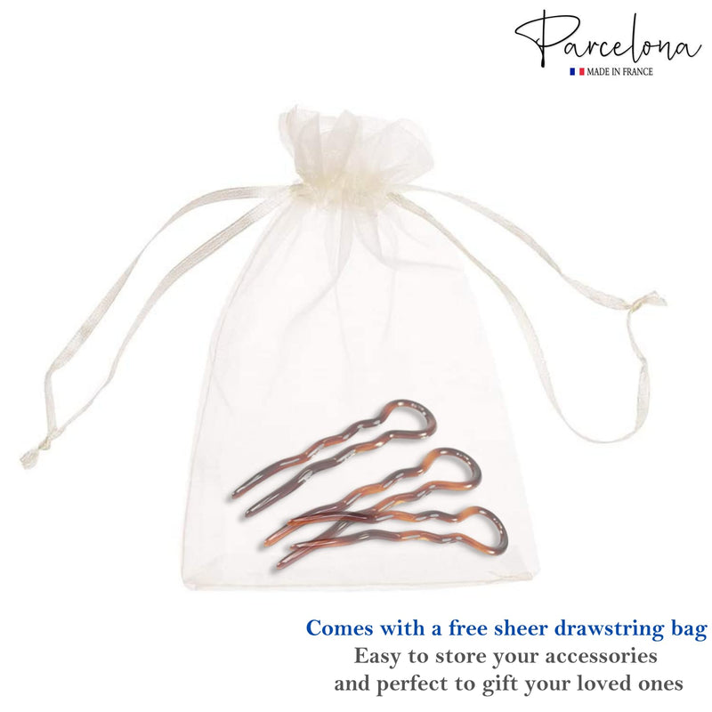 Parcelona French Sleek Brown Tortoise Shell Large 3 1/2" Celluloid Made in France Set of 3 Wavy Crink U Shaped Chignon Hair Pins Updo Bun Pin Sticks for Women and Girls 3 Count (Pack of 1) - BeesActive Australia