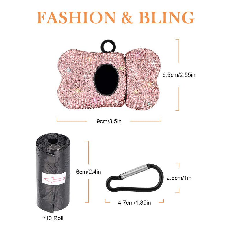SAVORI Dog Poop Bag Holder Bling Rhinestone Poop Bag Leash Dispenser for Pet Dog Doggy Waste Bags with Metal Carabiner Clip Includes 10 Roll 150 Bags Pink - BeesActive Australia
