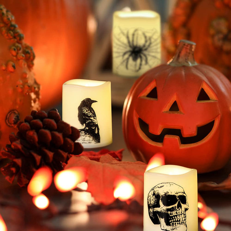 Wondise Halloween Flameless Tea Light Candles with Timer, 6 pcs Battery Operated LED Flickering Votive Candle with Skull Spider Crow Print for Halloween Decoration - BeesActive Australia