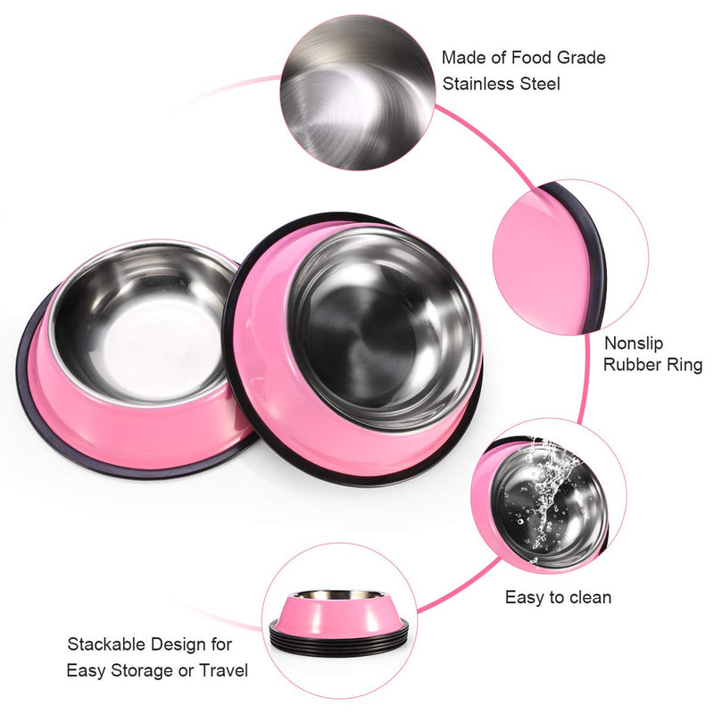Podinor Stainless Steel Dog Bowls, Food and Water Non Slip Anti Skid Stackable Pet Puppy Dishes for Small, Medium and Large Dogs (2 Pack) 1.5 Cup/12 oz ea. Pink - BeesActive Australia