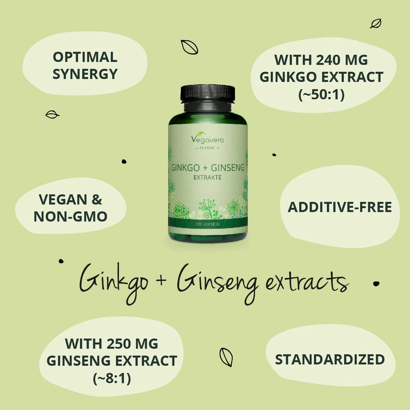 Ginkgo Biloba & Panax Ginseng Vegavero� | NO Additives | 12000 mg Ginkgo & 2000 mg Red Korean Ginseng Extracts | Vegan | 120 Capsules (4 Month Supply) - BeesActive Australia