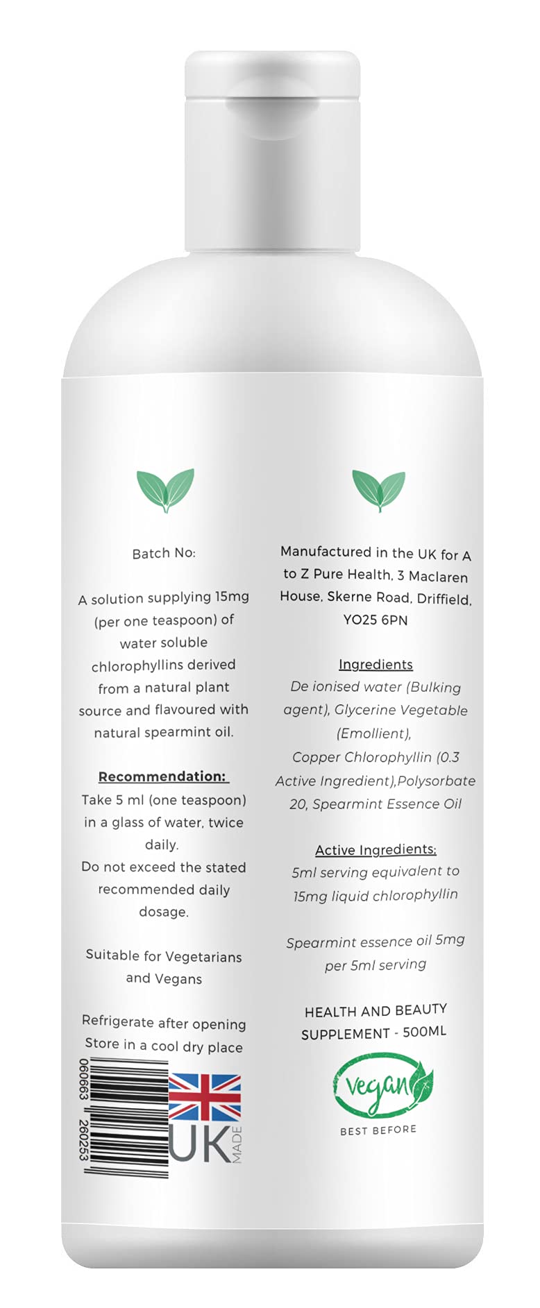 Liquid Chlorophyll Drops 500ml | Daily Health & Beauty Detox Supplement UK Made | Skin Health, Anti-Inflammatory & Healing Properties (Mint Flavour) |Take with Water |Copper Chlorophyllin Drink|Vegan - BeesActive Australia