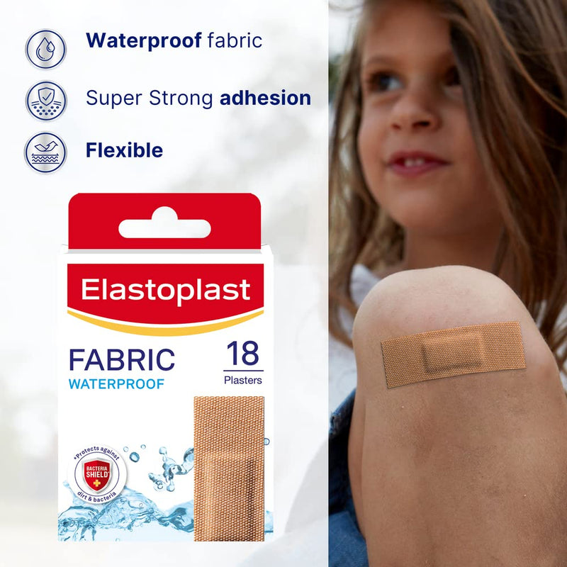 Elastoplast 18 Waterproof Fabric Plaster Strips (18 Pieces), Large Pack of Fabric Plasters, Breathable Plasters, Plasters Waterproof - BeesActive Australia