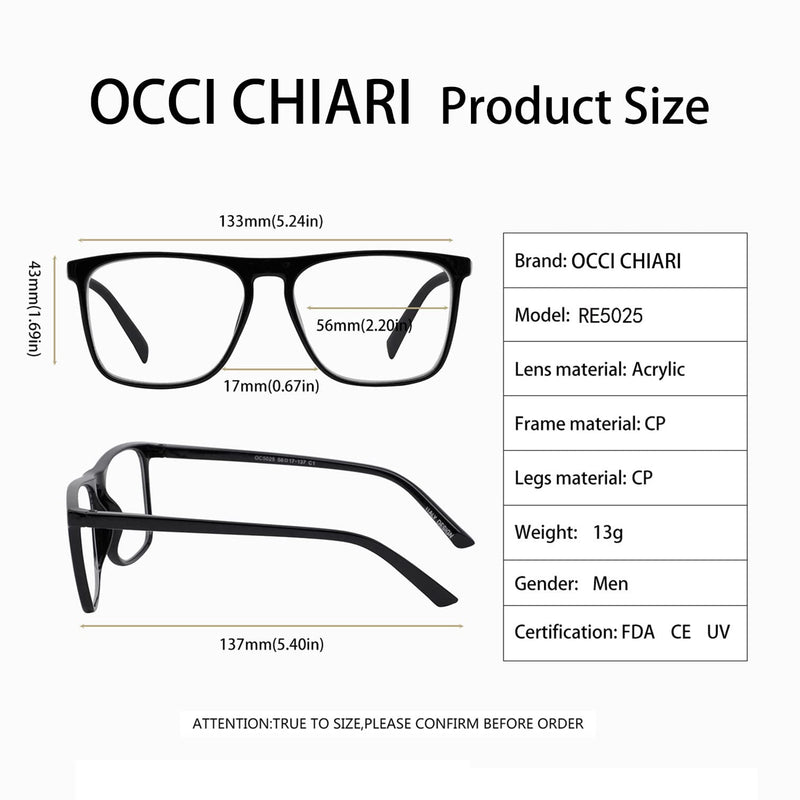 OCCI CHIARI Large Reading Glasses for Men, Mens Fashion Reader Square Frame 0 1.0 1.25 1.50 1.75 2.00 2.25 2.50 2.75 3.00 3.50... A-black 0.0 x - BeesActive Australia