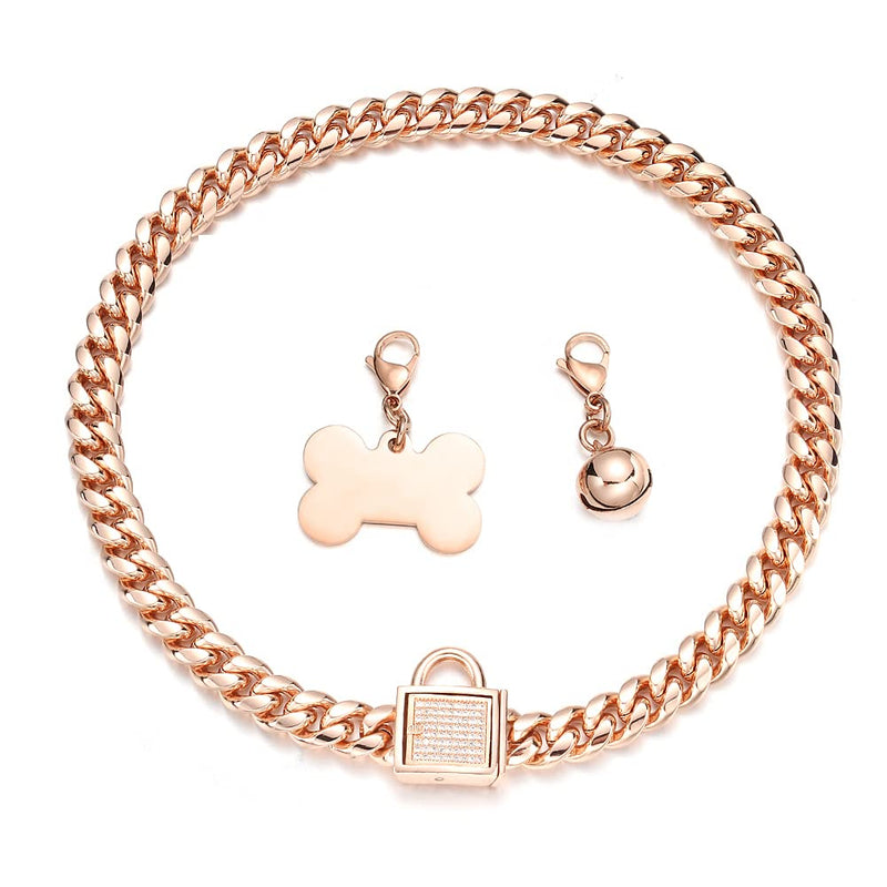 Aiyidi Rose Gold Dog Chain Collar with CZ Design Buckle Stainless Steel Metal Cuban Link Chain Collar for Dog Boys Girls Bling Collars with Dog Tag Bell Training Walking Collar Chain wide: 10mm 10inches(Fits dog's neck 8''-9.5'') - BeesActive Australia