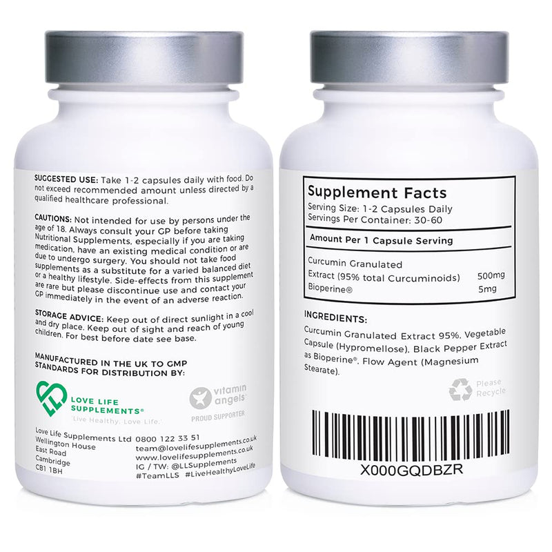 Curcumin 95 + Bioperine� by LLS | High Strength Turmeric Curcumin Capsules containing 96.9% Curcuminoids and Black Pepper Extract | 500mg x 60 Veg Capsules | Made in UK Under GMP/BRC License - BeesActive Australia